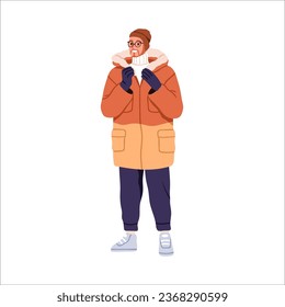 Man in winter clothes, apparel. Modern person standing in jacket, sweater, hat. Stylish guy wearing warm casual outfit in cold weather, season. Flat vector illustration isolated on white background