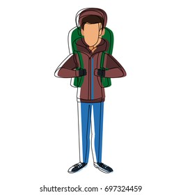 man winter clothes with backpack on white background