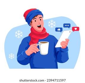 Man in winter clothes with a cup of coffee and a smartphone social media