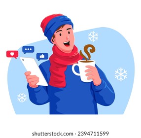Hombre con ropa de invierno con una taza de café y un smartphone en los medios sociales