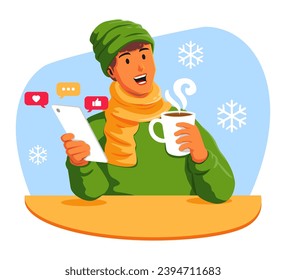 Man in winter clothes with a cup of coffee and a smartphone social media
