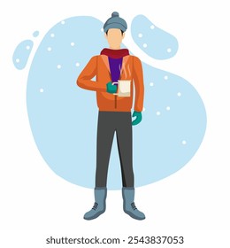 Man with with winter clothes and a cup of warm drink. Flat vector illustration.