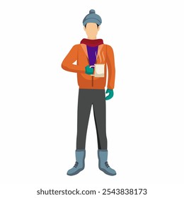 Man with winter clothes and a cup of warm drink. Flat vector illustration.