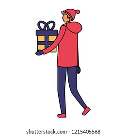 man with winter clothes and gift box