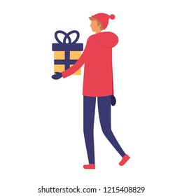 man with winter clothes and gift box