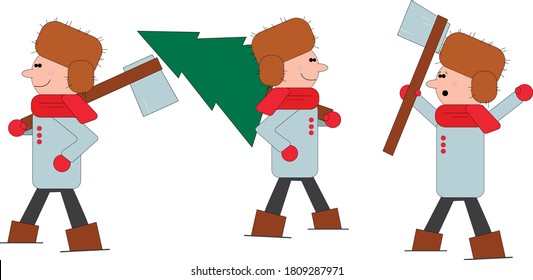 A man in winter clothes goes for a Christmas tree for the new year set