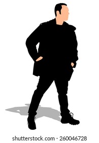 man in winter clothes with hands in pockets, vector