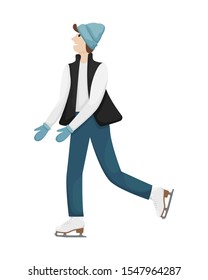 A man in winter clothes and hat skating on the ice. Winter entertainment. Flat vector illustration.