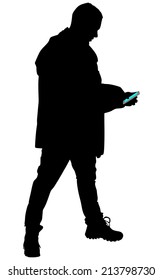 man in winter clothes hold cellphone, vector 