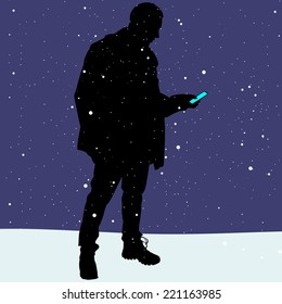 man in winter clothes hold cellphone when the snow falls, vector 