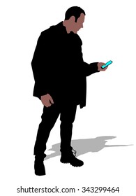 man in winter clothes hold cellphone, vector 