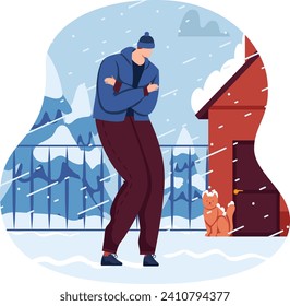 Man in winter clothes looking at dog next to house. Person standing with pet in snowy weather, cozy winter scene. Outdoor winter activity, pet care vector illustration.