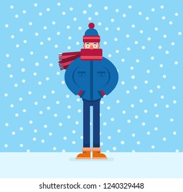 Man in winter clothes on a light snowy background. Freezing, chilling outdoors. Flat vector illustration in a cartoon style