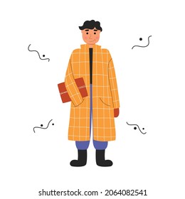 A man in winter clothes - an orange coat holding a present. Winter clothes and cartoon character. Vector flat illustration