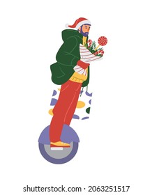 Man in winter clothes and Santa hat riding mono wheel holding gifts and winter bouquet. Flat vector illustration. Isolated on white.