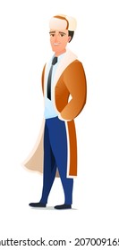 Hombre con ropa de invierno. Cubierta de piel de oveja y sombrero caliente. Hombre en invierno. Persona alegre. pose. Diseño plano de historietas de dibujos animados. Un solo carácter. Ilustración aislada sobre fondo blanco. Vector