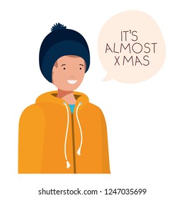 man with winter clothes and speech bubble