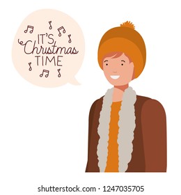 man with winter clothes and speech bubble