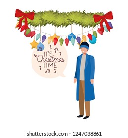 man with winter clothes and speech bubble