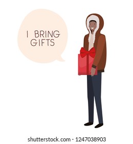 man with winter clothes and speech bubble
