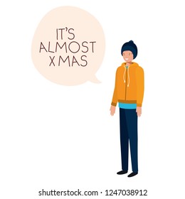 man with winter clothes and speech bubble