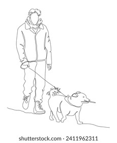 Man in winter clothes walking with dog. Dog carrying stick. Single line drawing. Black and white vector illustration in line art style.