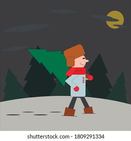 a man in winter clothes walks in the winter night forest with a Christmas tree