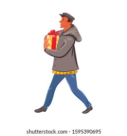 Man in winter clothing carrying holiday gift box vector illustration