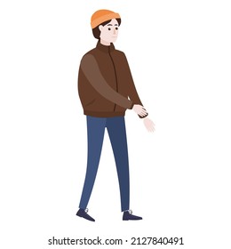 Man winter cold weather clothes, hat warm coat, boots. Cartoon flat style