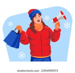 Man in a winter jacket with winter hat and scarf holding shopping bags and megaphone