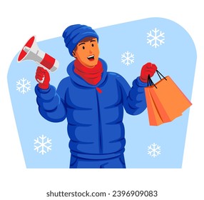 Man in a winter jacket with winter hat and scarf holding shopping bags and megaphone
