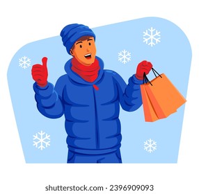 Man in a winter jacket with winter hat and scarf holding shopping bags