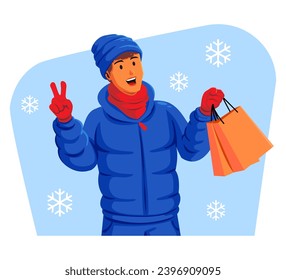 Man in a winter jacket with winter hat and scarf holding shopping bags