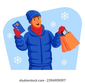Man in a winter jacket with winter hat and scarf holding shopping bags and credit card