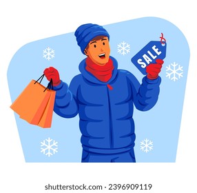 Hombre en una chaqueta de invierno con sombrero de invierno y bufanda sosteniendo bolsas de compras y etiqueta de venta