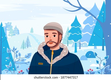 Man in winter snow forest landscape. Young bearded guy vector illustration in flat style walk winter time. Male character wearing warm jacket with a hood and in a cap in winter park sunny day