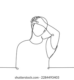 man wipes sweat from his forehead with his hand - one line drawing vector. the concept of sweating, increased sweating, tired