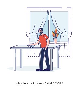 Hombre limpiando el polvo de la mesa en la cocina. Concepto de casa y limpieza. El proceso de limpieza familiar. Caricatura masculina haciendo tareas domésticas. Ilustración vectorial lineal