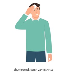 Man wiping sweat with napkin. Anxious excited man sweating in anxiety. Concept of audience fear. Vector illustration