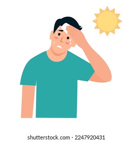 Man wiping sweat with napkin. Guy sweating a lot.  Boy with sweaty clothes. Vector illustration