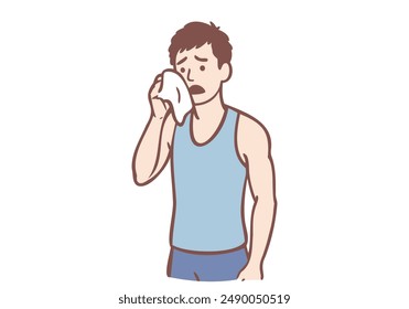 Man wiping sweat with napkin. Guy sweating a lot. Hand drawn style vector design illustrations.