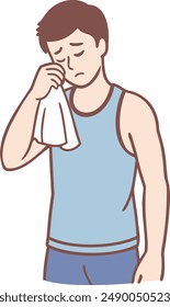 Man wiping sweat with napkin. Guy sweating a lot. Hand drawn style vector design illustrations.