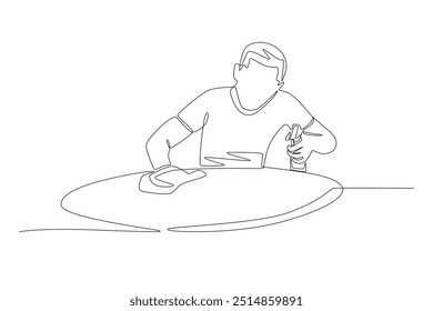 El hombre que limpia la mesa. Hacer tareas domésticas concepto de dibujo de una línea