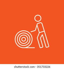 Man with wire spool line icon for web, mobile and infographics. Vector white icon isolated on red background.