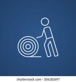 Man with wire spool line icon for web, mobile and infographics. Vector light blue icon isolated on blue background.