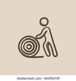 Hombre con un icono de esbozo vectorial de bobina aislado en el fondo. Hombre dibujado a mano con un icono de bobina de alambre. Hombre con un icono de boceto de bobina para infografía, sitio web o aplicación.
