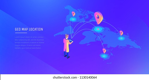 A man with a wireless remote control interacts with locations on the world map. Global communications. World map. Modern vector illustration isometric style on ultraviolet background