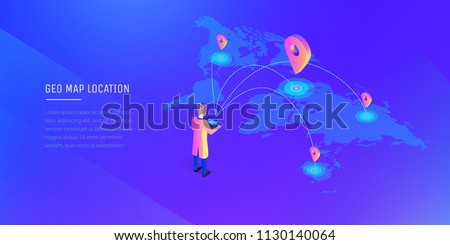 A man with a wireless remote control interacts with locations on the world map. Global communications. World map. Modern vector illustration isometric style on ultraviolet background