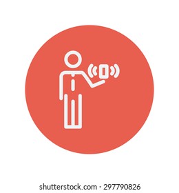 Man and wireless signal thin line icon for web and mobile minimalistic flat design. Vector white icon inside the red circle.