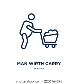 man wirth carry icon from behavior collection. Thin linear man wirth carry, doing, jumping outline icon isolated on white background. Line vector man wirth carry sign, symbol for web and mobile